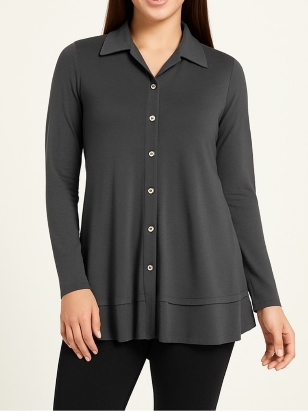 Sympli Charm knit tunic gray button front layered hem long sleeve Size 6